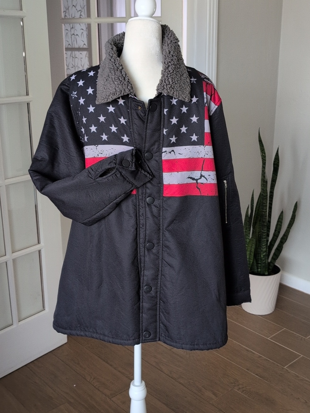 Jelly Buddy Black Sherpa Jacket with Patriotic American Flag Mens XL